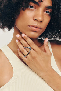 Thumbnail for DUO Ring. Two-finger ring with oval-shaped line top, open-ended can fit with US sizes 5-7, silver, handmade, hypoallergenic, water-resistant