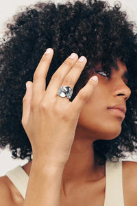 Thumbnail for ALLURE Ring. Broad creased band finger ring, size US 7, silver, handmade, hypoallergenic, water-resistant